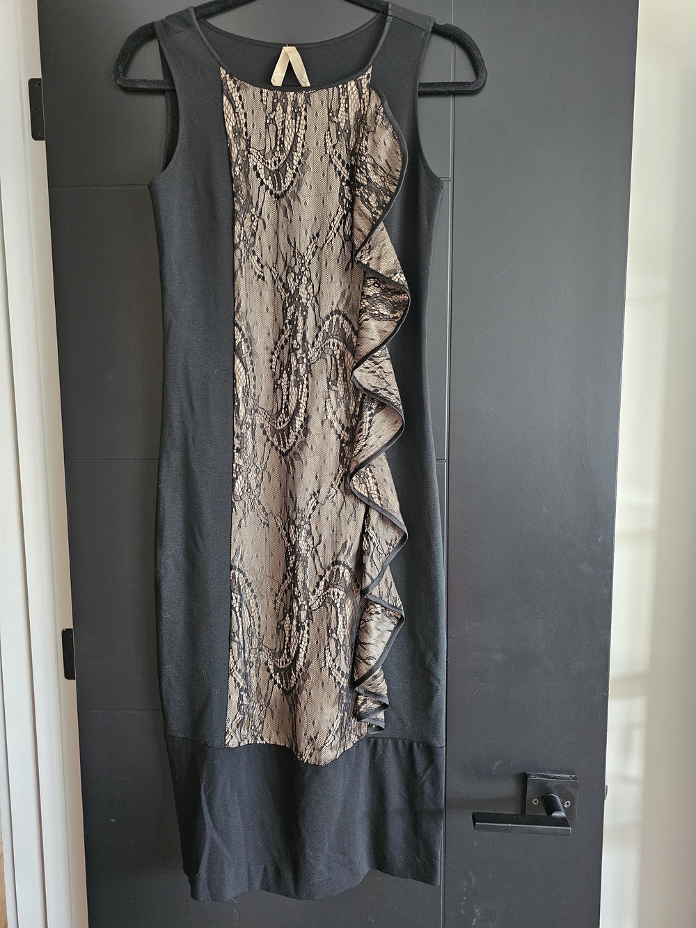 Sleeveless Black Dress with Beige Lace-Print Ruffle Panel